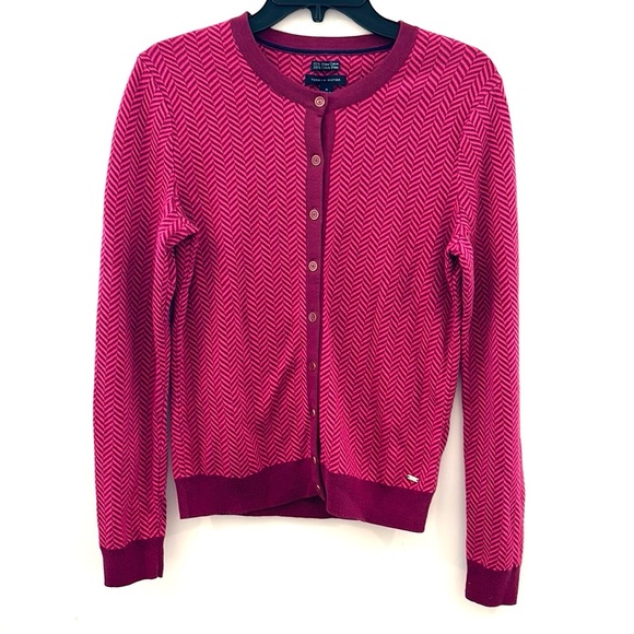 Tommy Hilfiger Women’s SIZE M Button up 100% Pima Cotton Cardigan Pink & Plum - Picture 2 of 13